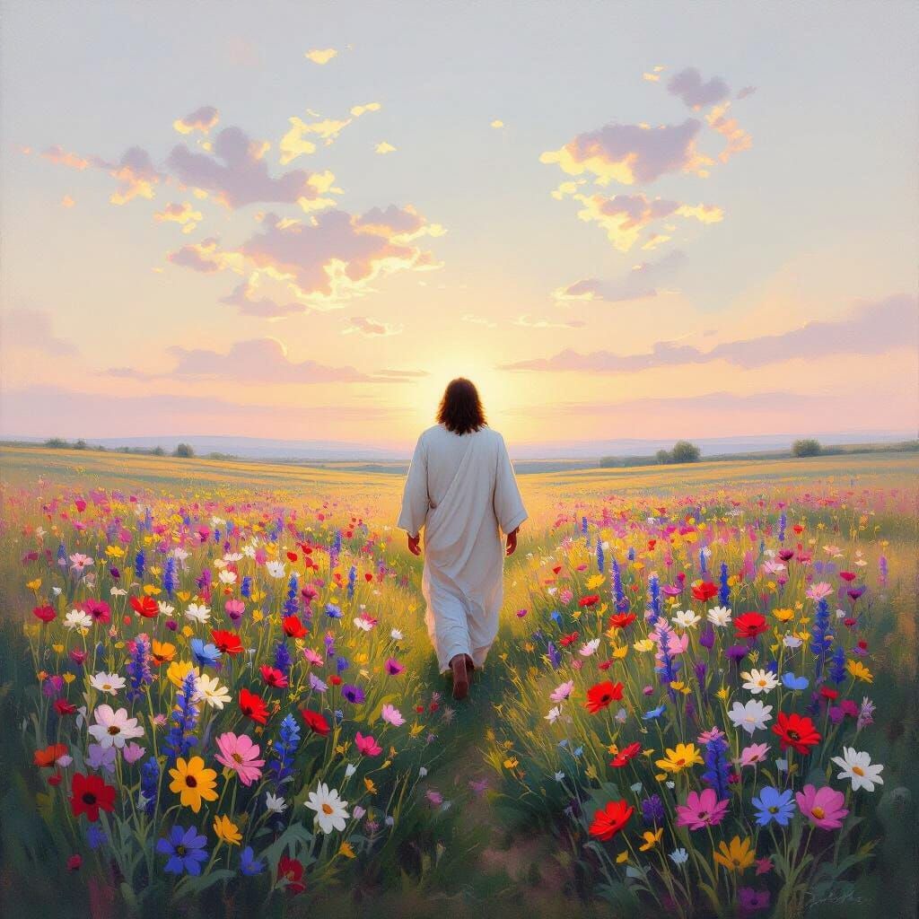 Jesus Walking Through a Field of Flowers in Soft Light