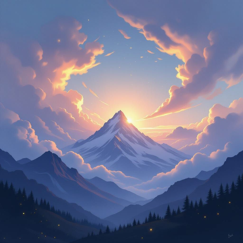 Solitary Mountain Peak Amidst Ethereal Nebulae Sky