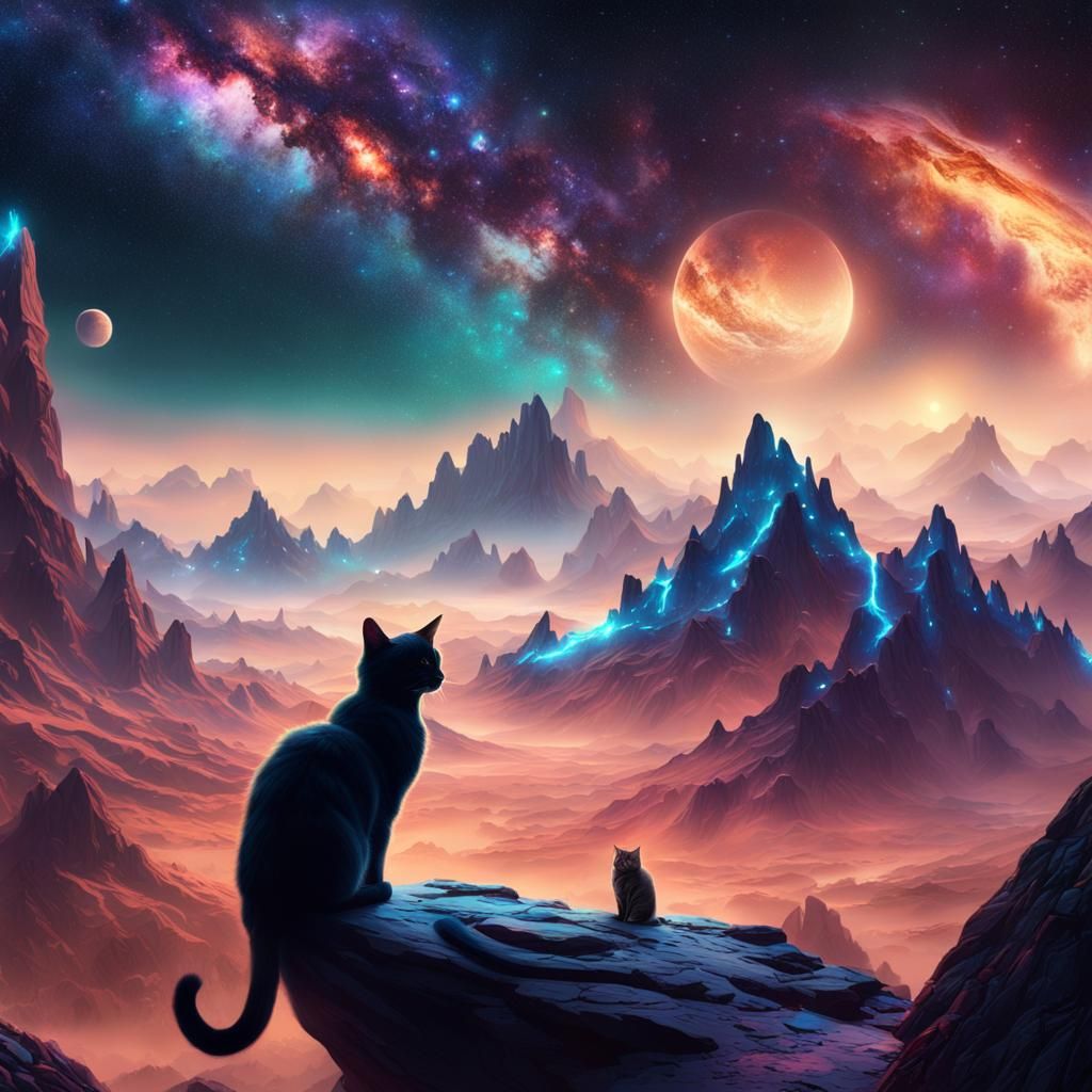 Cat Exploring Galaxy Mountains in Detailed Matte Painting
