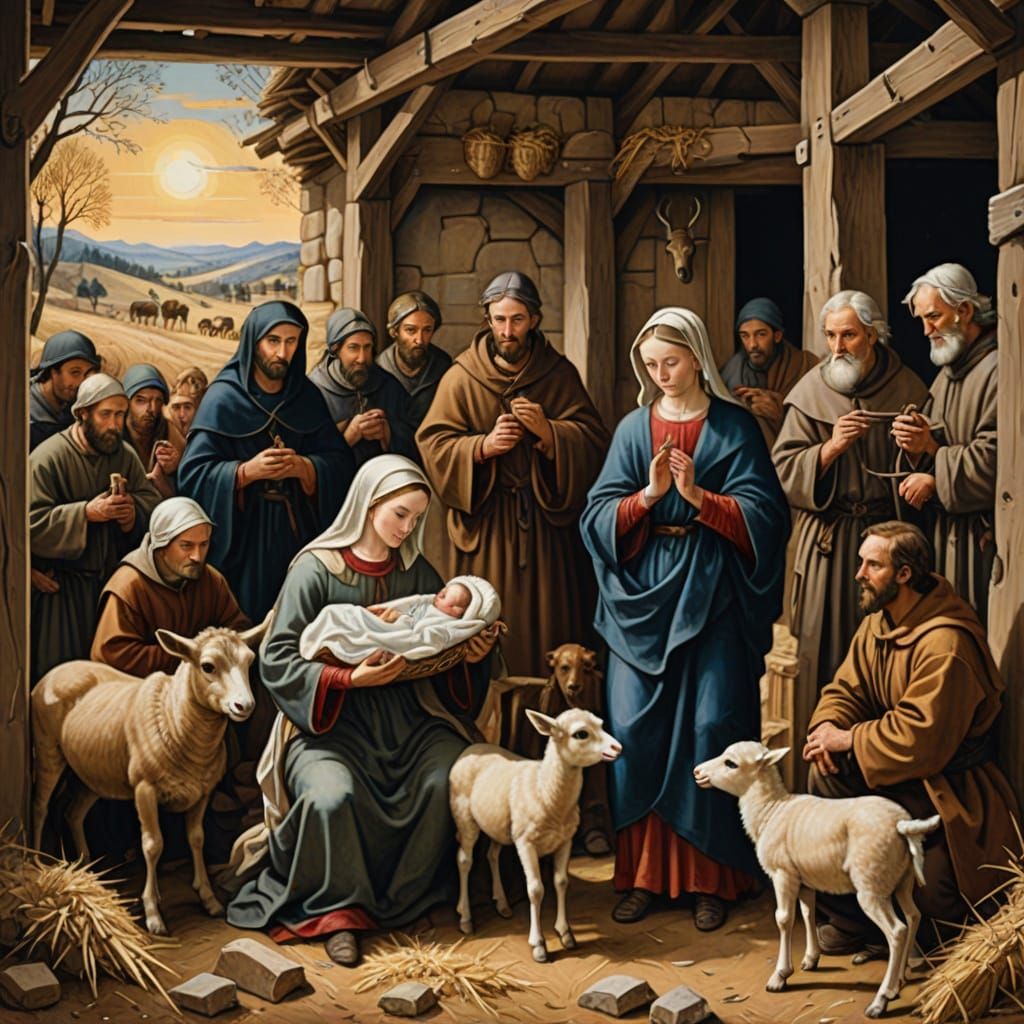 Gouache Painting of Shepherds Viewing Baby Jesus