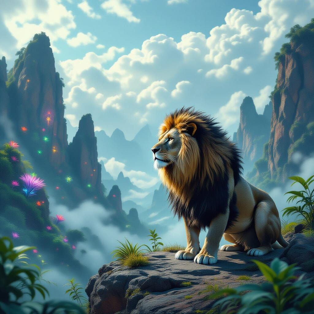 Lion with Galaxy Mane Observes Alien Jungle