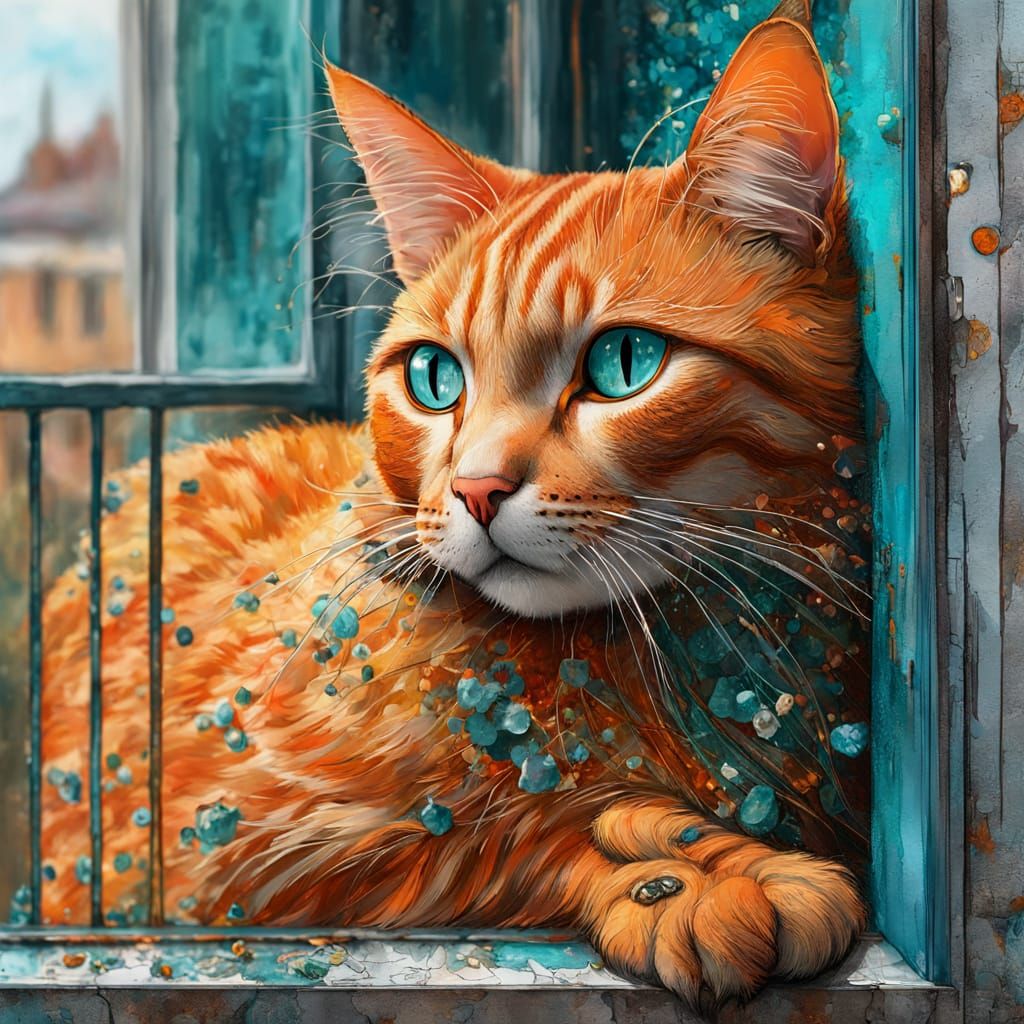 Cinematic Orange Cat in Mixed Media Masterpiece