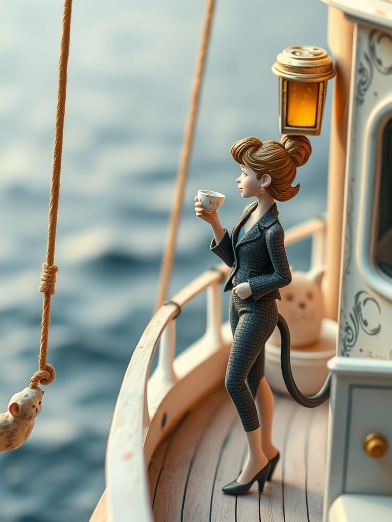 Woman and Cat on Boat, Folk Art Diorama