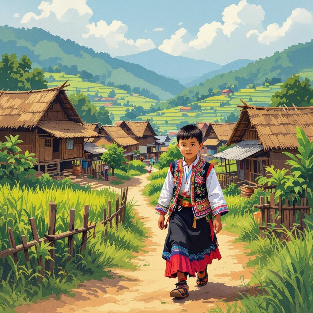 Hmong Boy in Traditional Village, Painterly Style