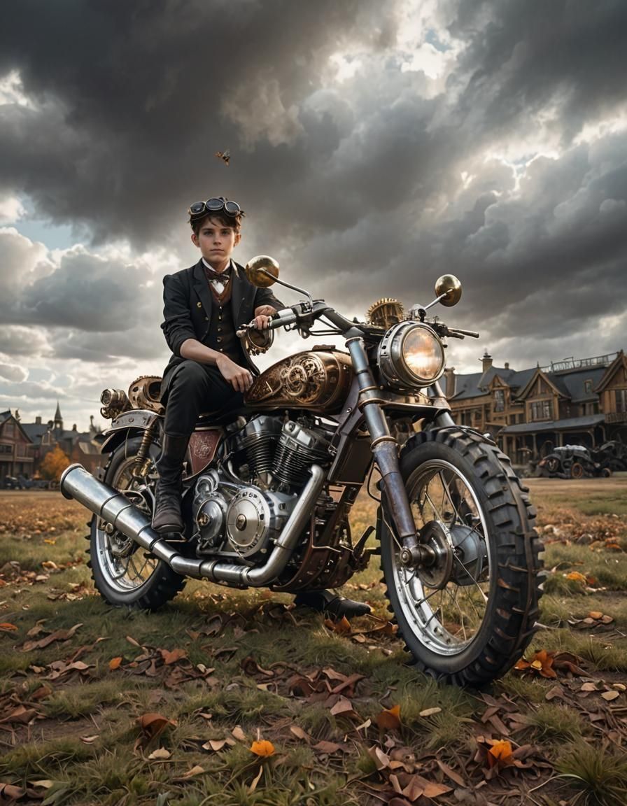 Steampunk Boy Rides Bike as Dragon Flies Above