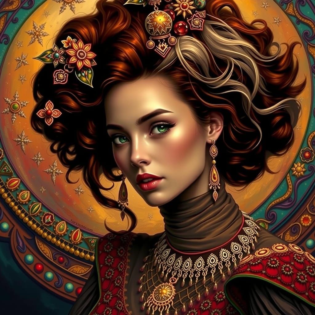 Elegant Woman with Auburn Hair in Hyperrealistic Style