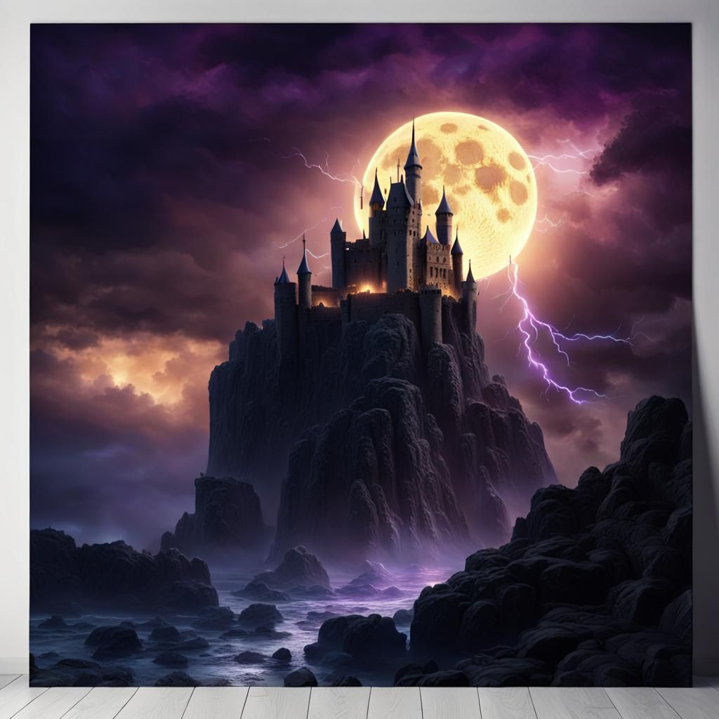 Ominous Castle Under Black Moon, Digital Matte Painting