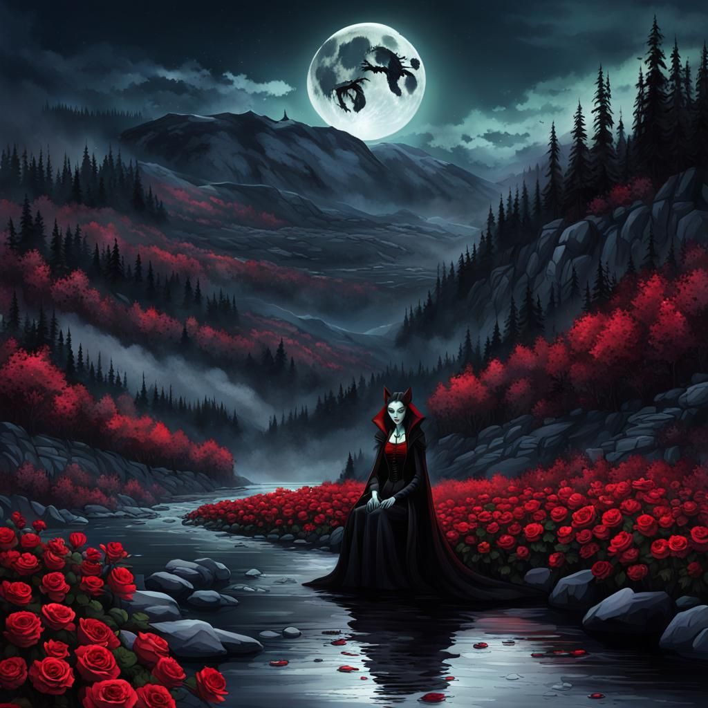 Valley with Roses, Moon, and Vampire in Graffiti Art
