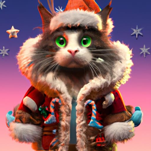 Festive Siberian Cat in Christmas Clothes: 3D Digital Art