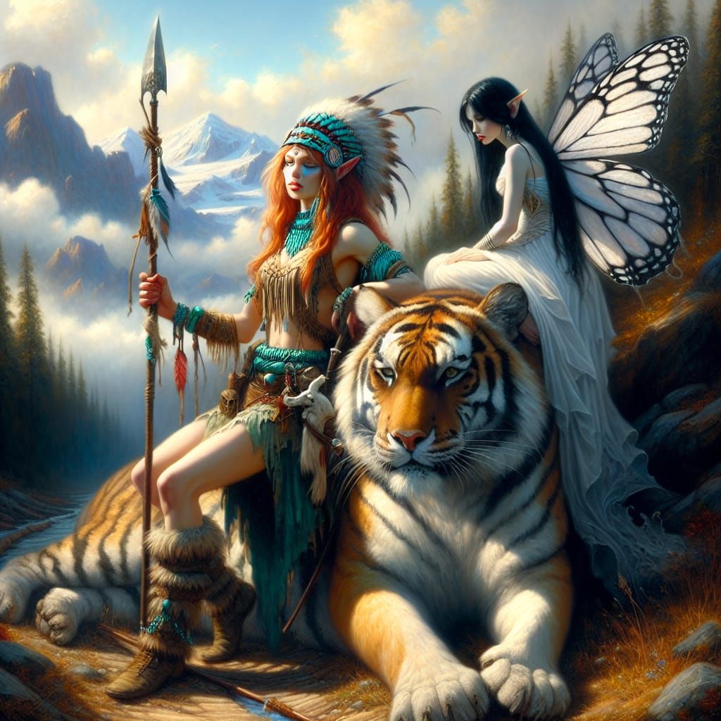 Dramatic Oil Painting of Redhead Elf with Tiger and Fairy