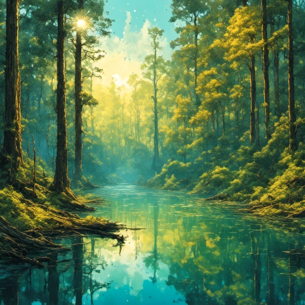 Fantasy Sunrise Through Forest, Matte Painting Style