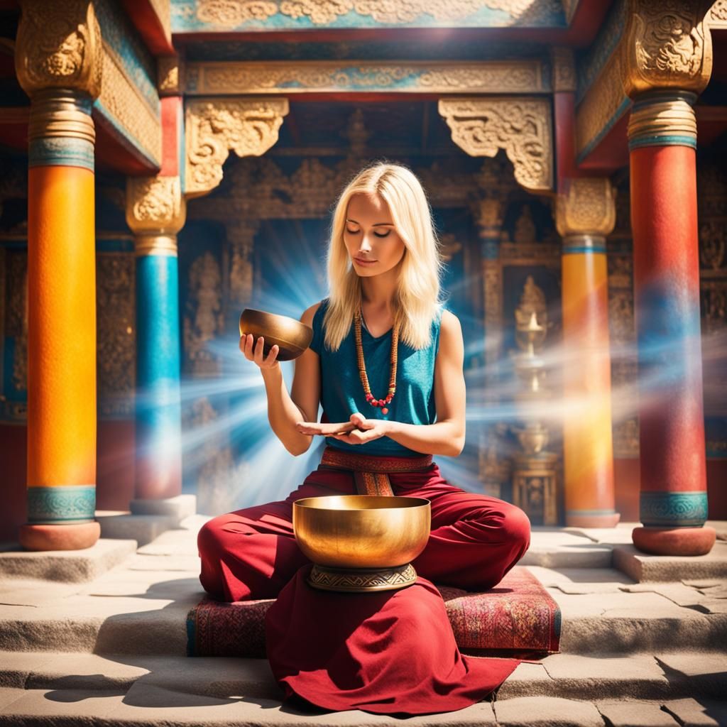 Blonde with Singing Bowl in Temple Sunlight
