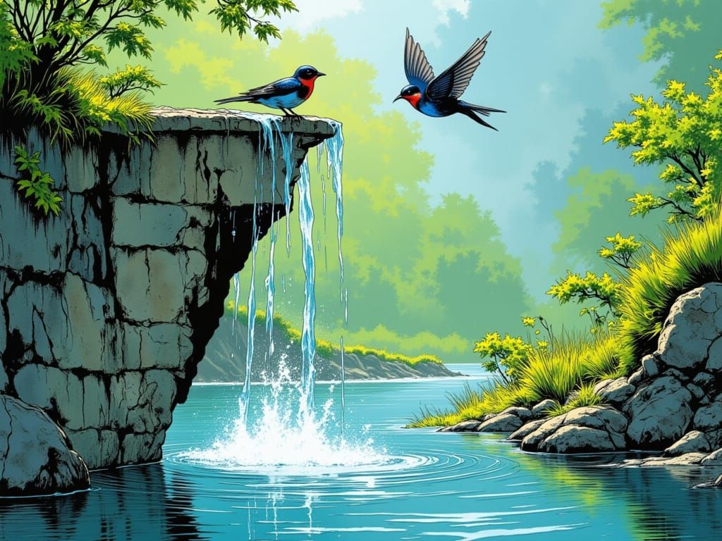 Swallows Bathing: Comic Illustration in Cartoon Style