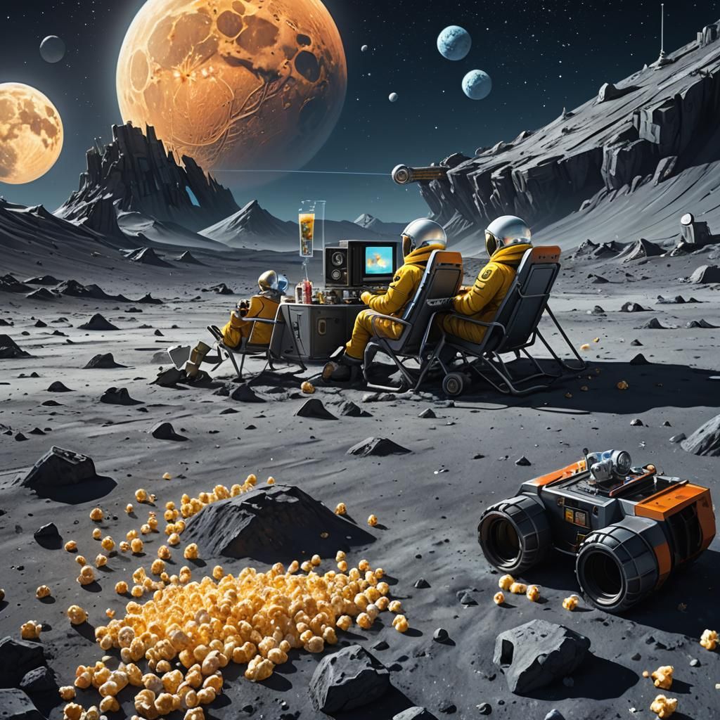 People Watching TV on Moon in Sci-Fi Style