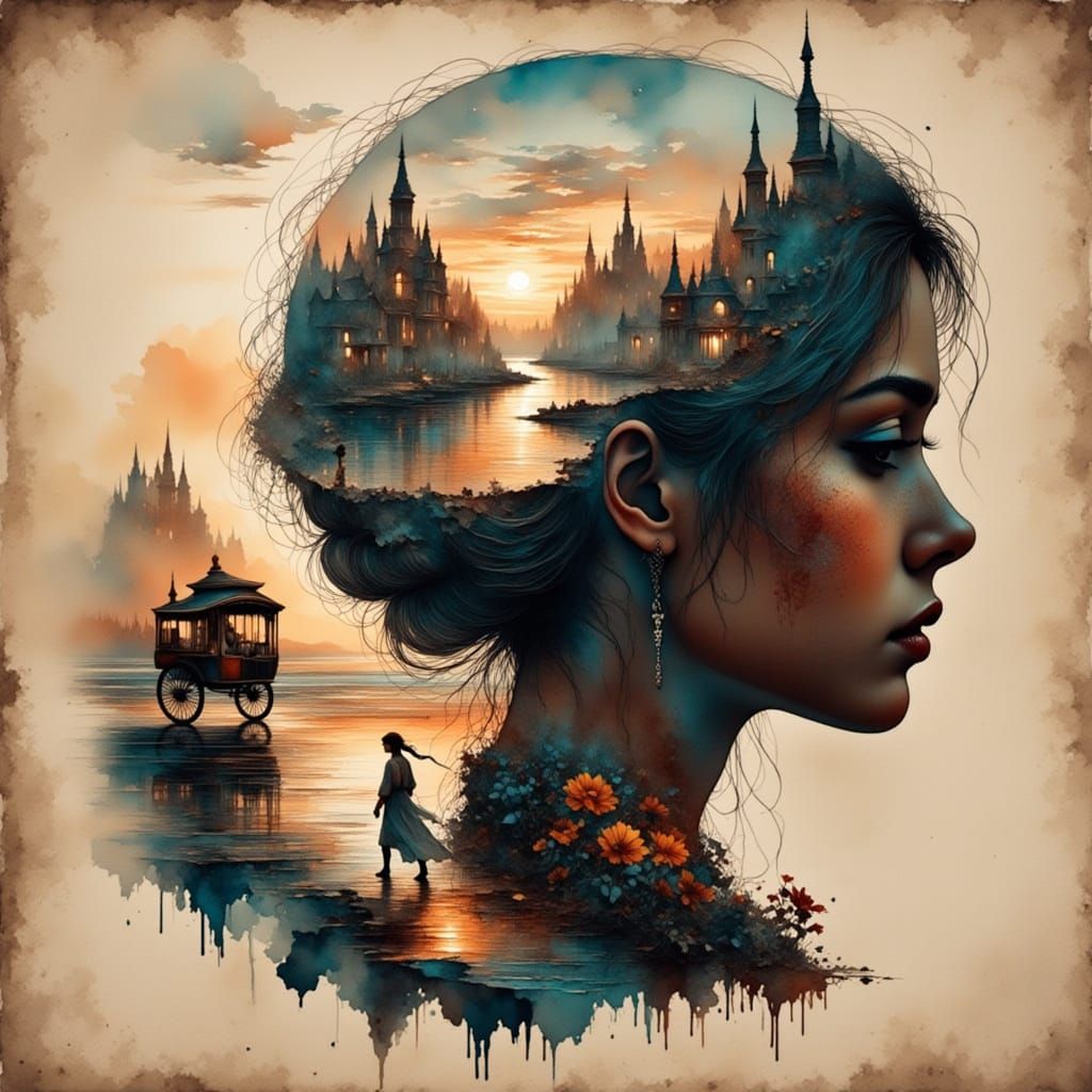 Marsala-Colored Silhouette in Double Exposure Watercolor