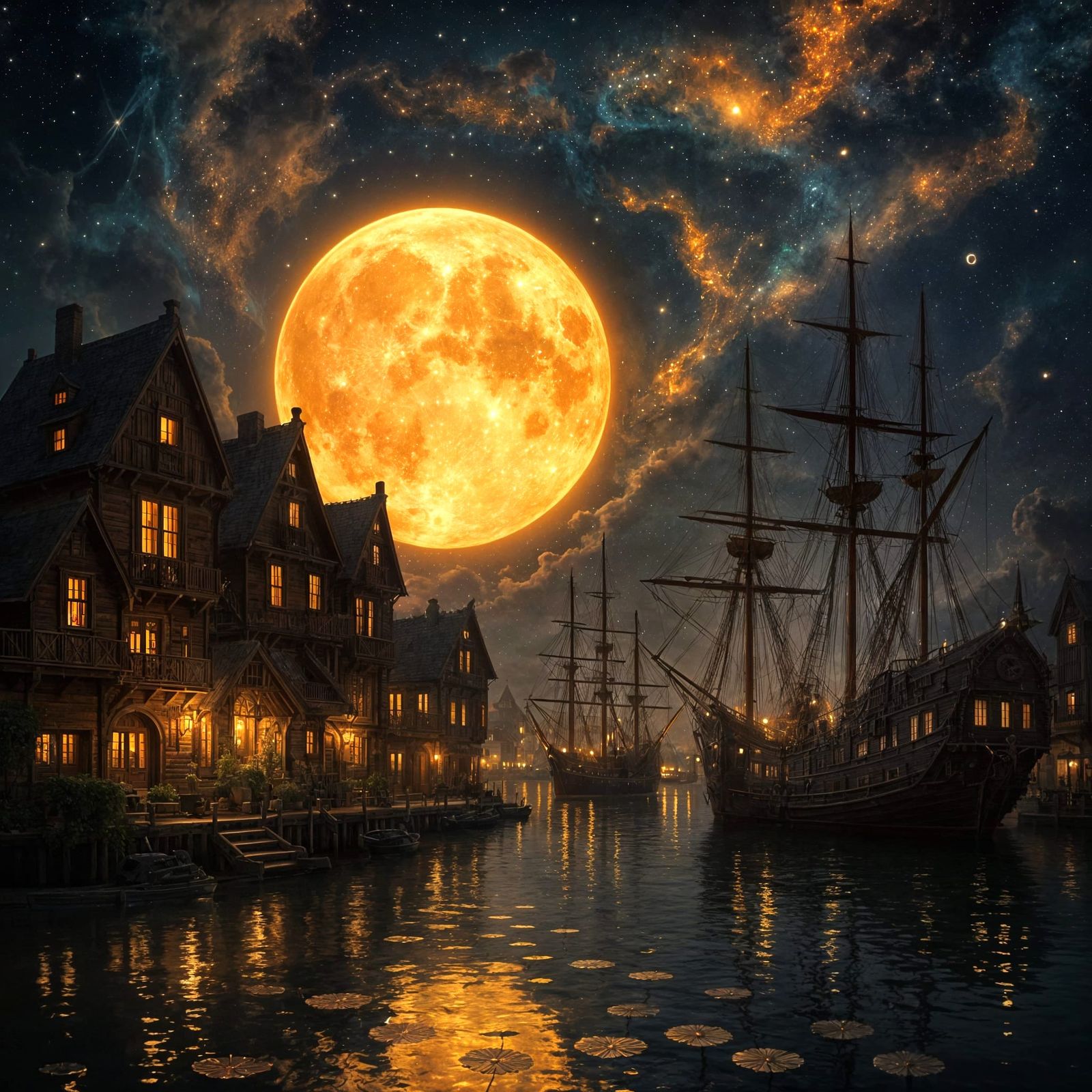 Dreamlike Fantasy Harbor Town at Night