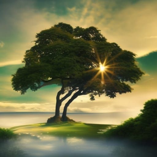 Tree on Hill with Mountain River: Cinematic Landscape