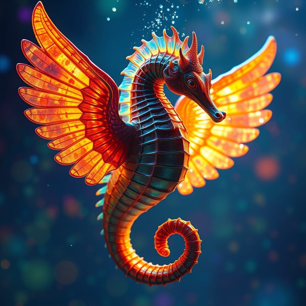 Seahorse pharaoh, wings. In cosmic water. translucent, lumin...