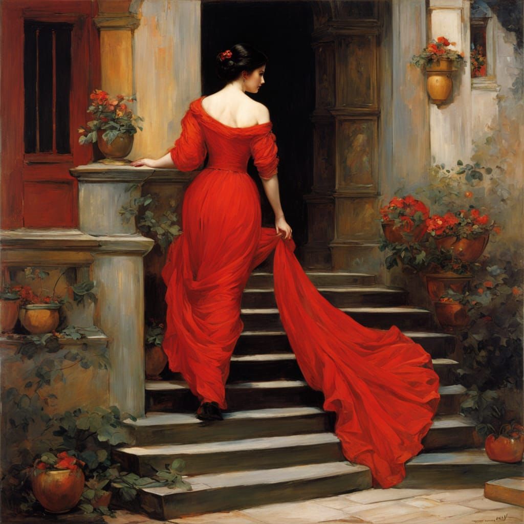 A Woman Descending Stairs in a Vibrant Red Gown