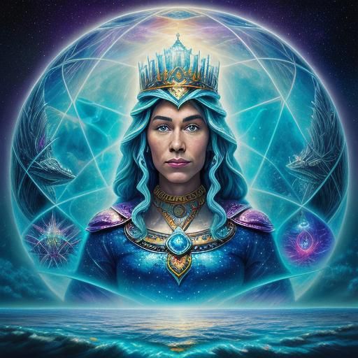 Aqua mans mother, Queen of Atlantis. 8k resolution holographic astral cosmic illustration mixed media by Pablo Amaringo ...