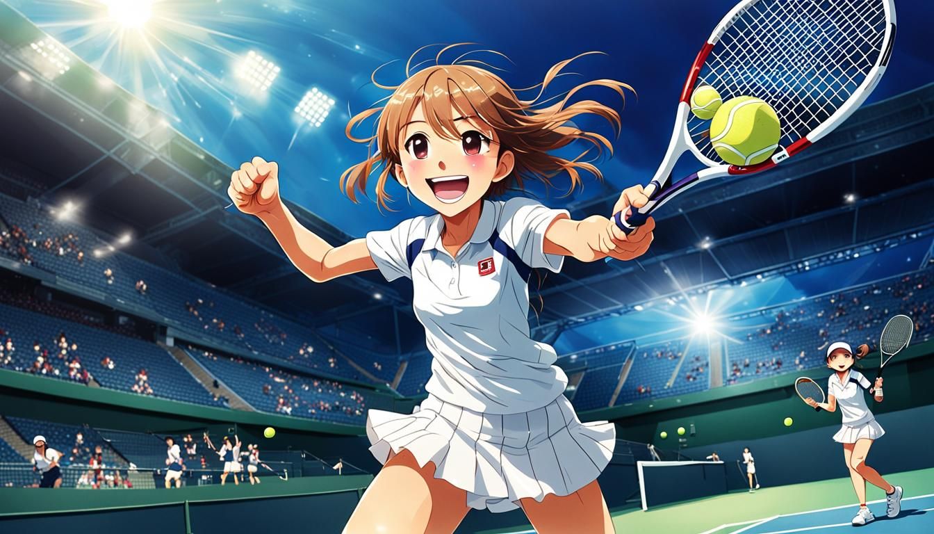 Anime Tennis Player Swinging Racket at Camera