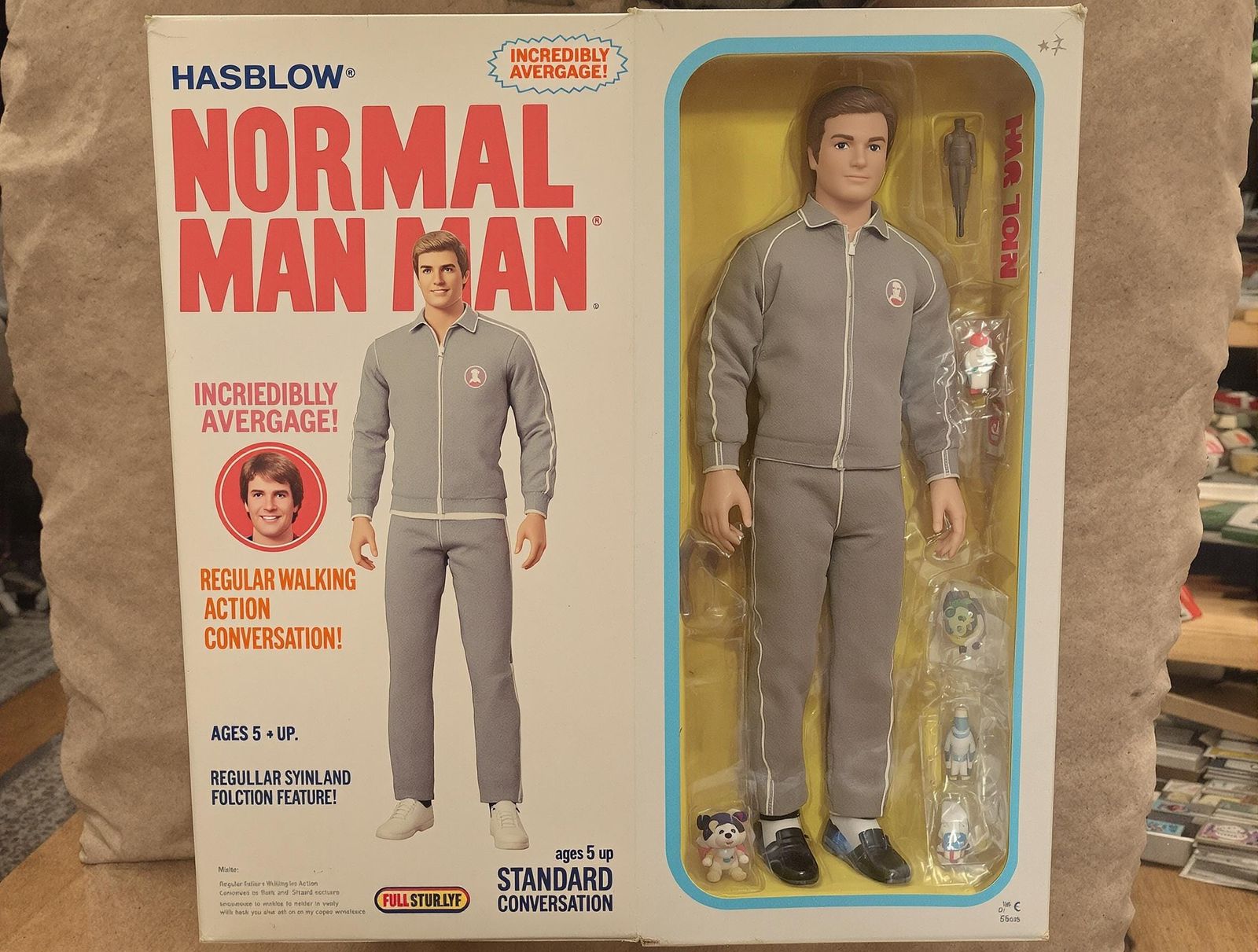 Vintage 1970s Action Figure Box Art in Retro Colorful Style