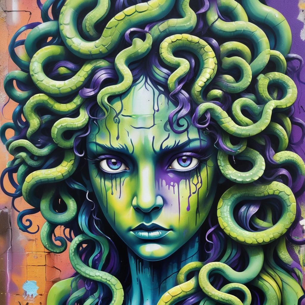 Graffiti Art: Sorrowful Medusa with Iridescent Serpents