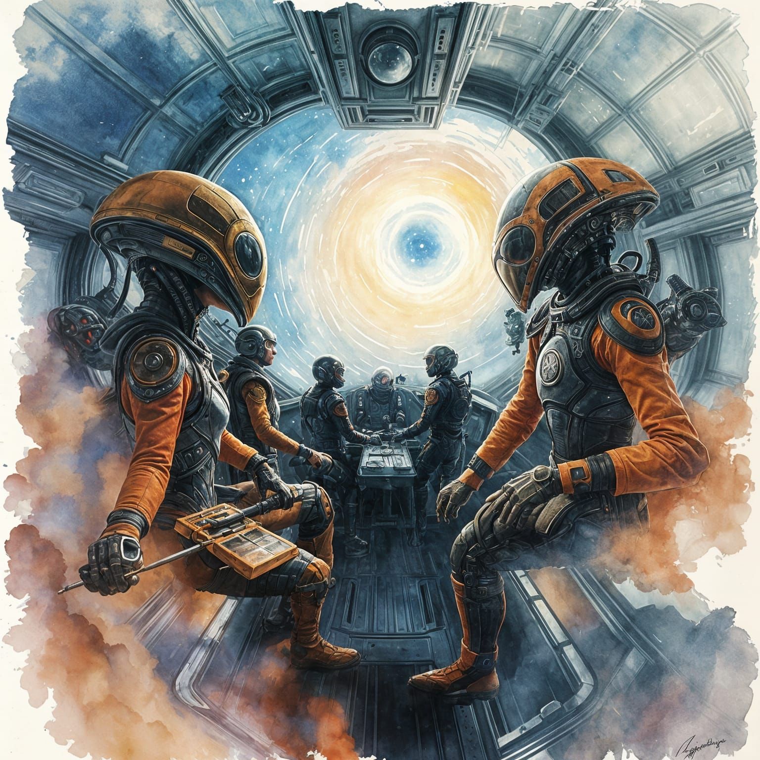 Epic Starship Expedition in Gouache Style