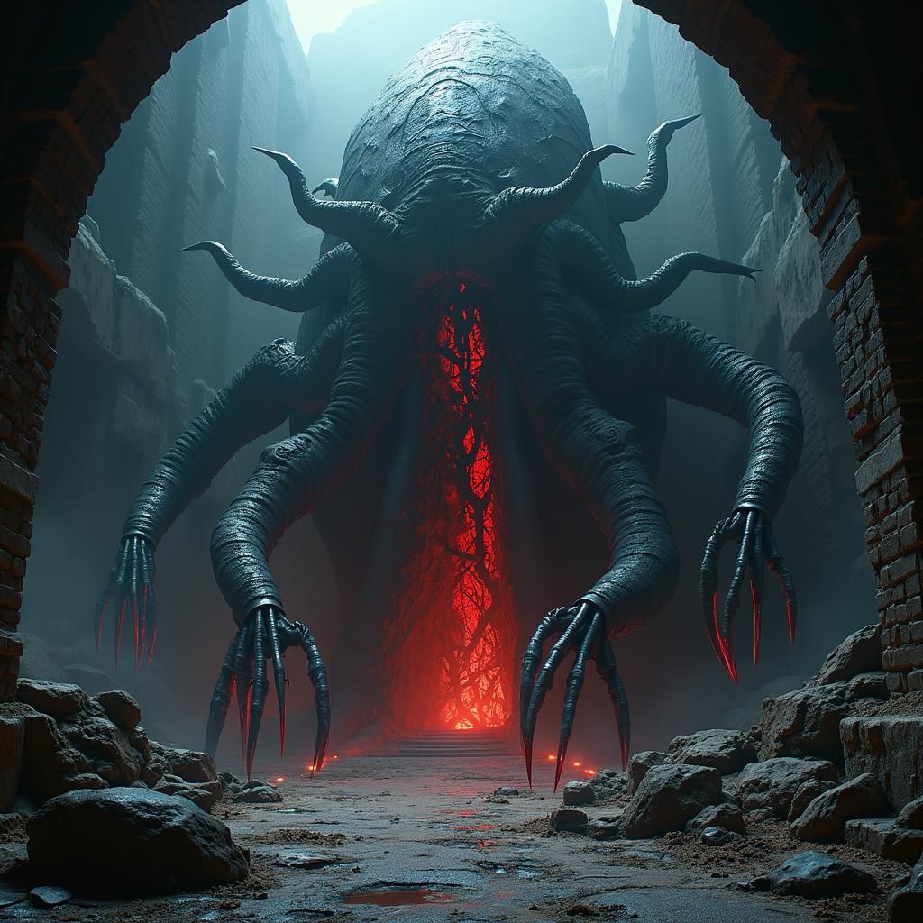 A colossal, obsidian monolith dominates the space, its surfa...