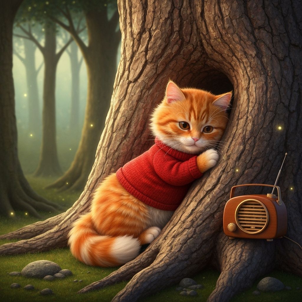 Charming Cat Listens to Radio in Whimsical Forest