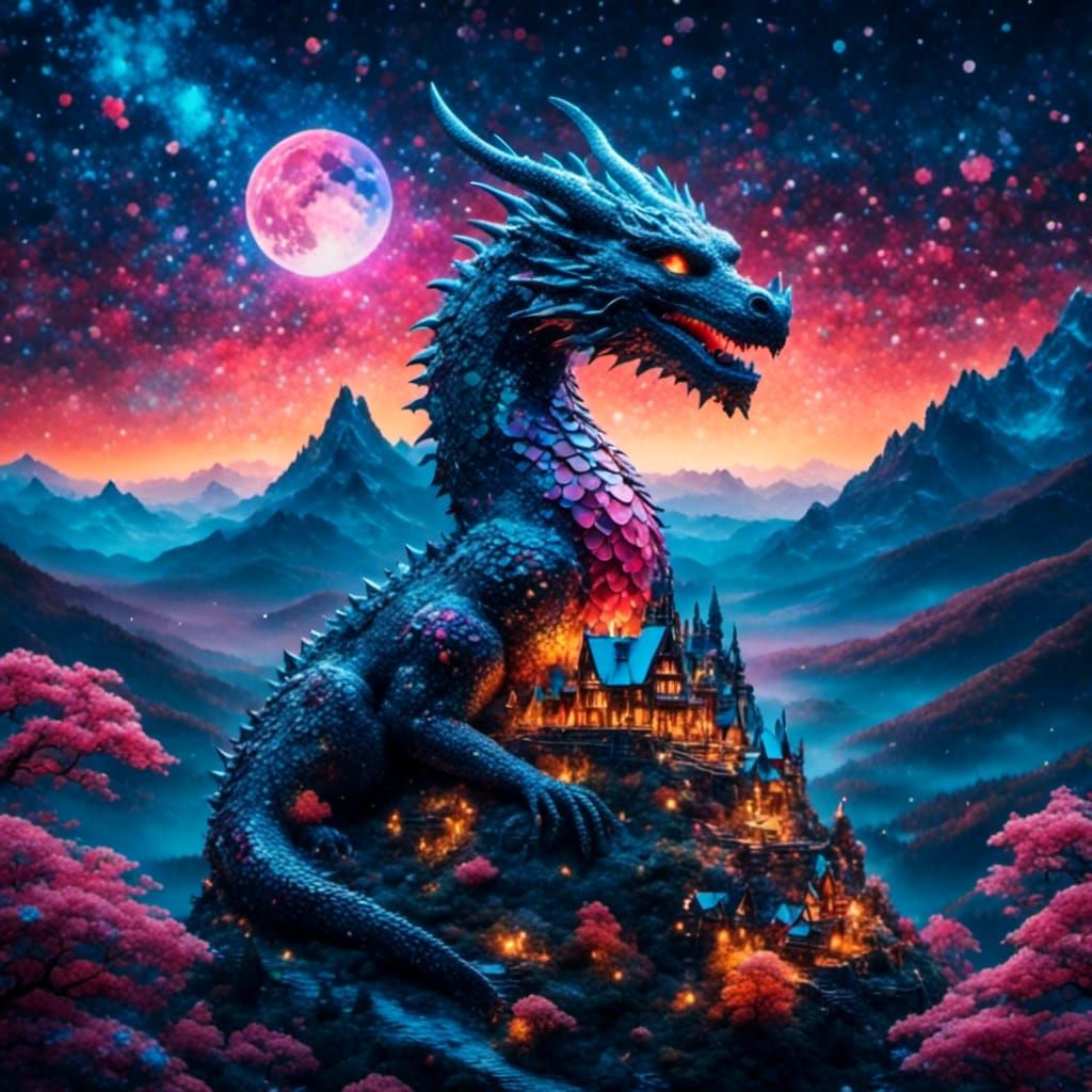 Pointillist Dragon and Castle in Winter Moonlight