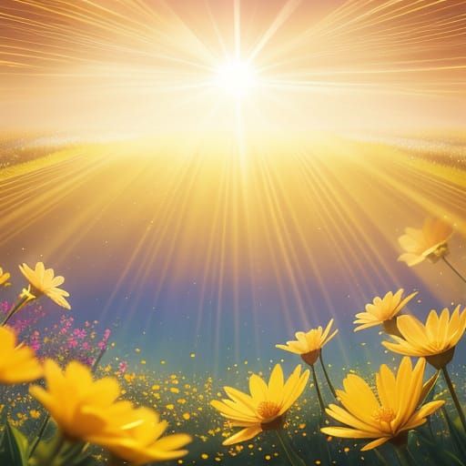 Golden Sunlight Over Floral Nature Scene with Calligraphy