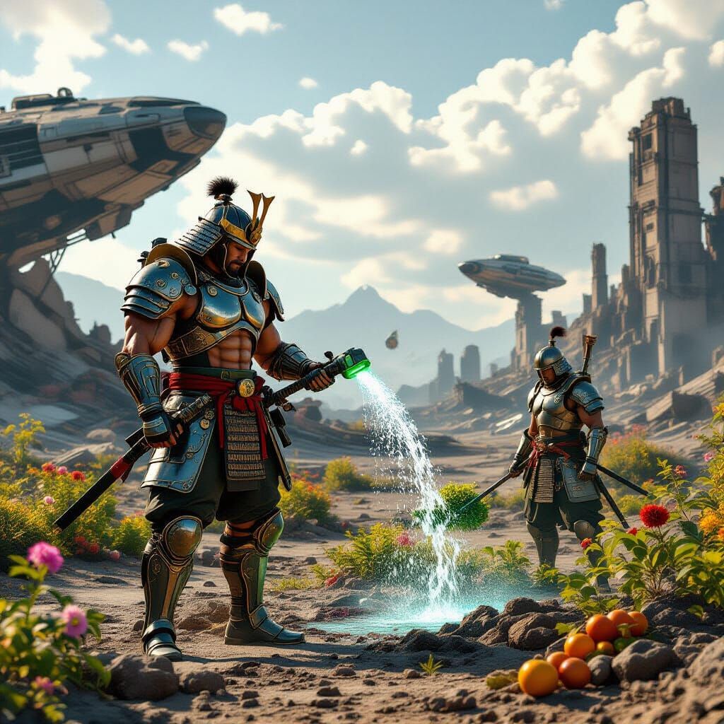 Samurai Cultivates Hope in Ruined Future Wasteland