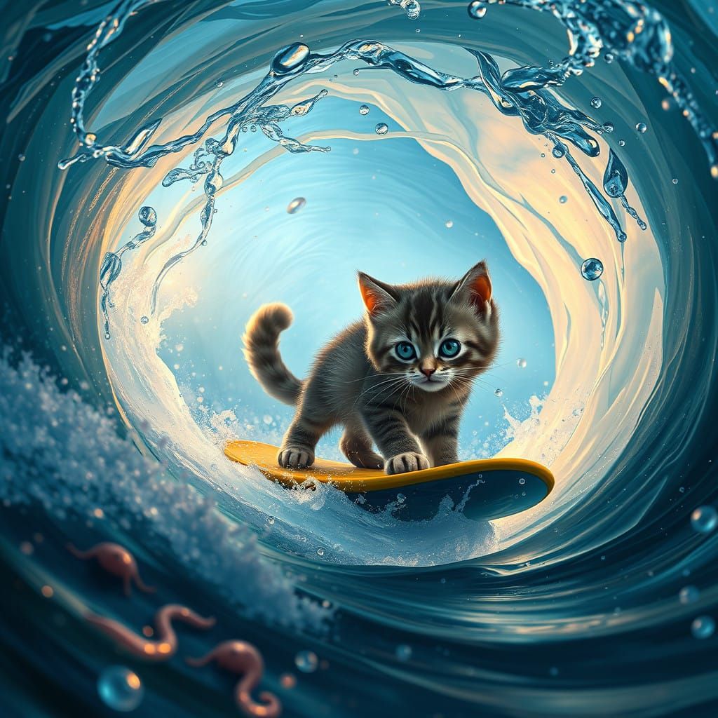 Whimsical Kitten Rides Crystal Wave through Vibrant Ocean