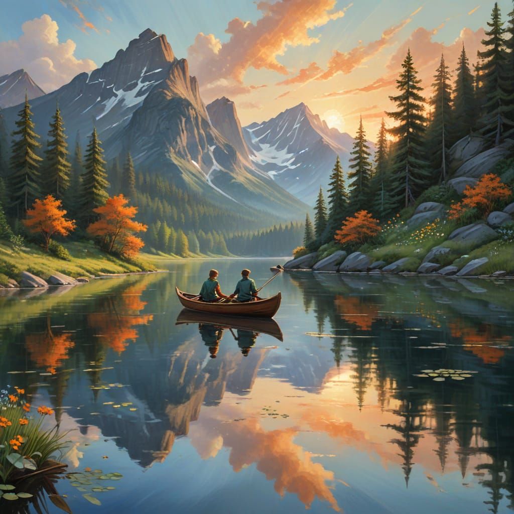 Couple's Serene Mountain Lake Sunrise