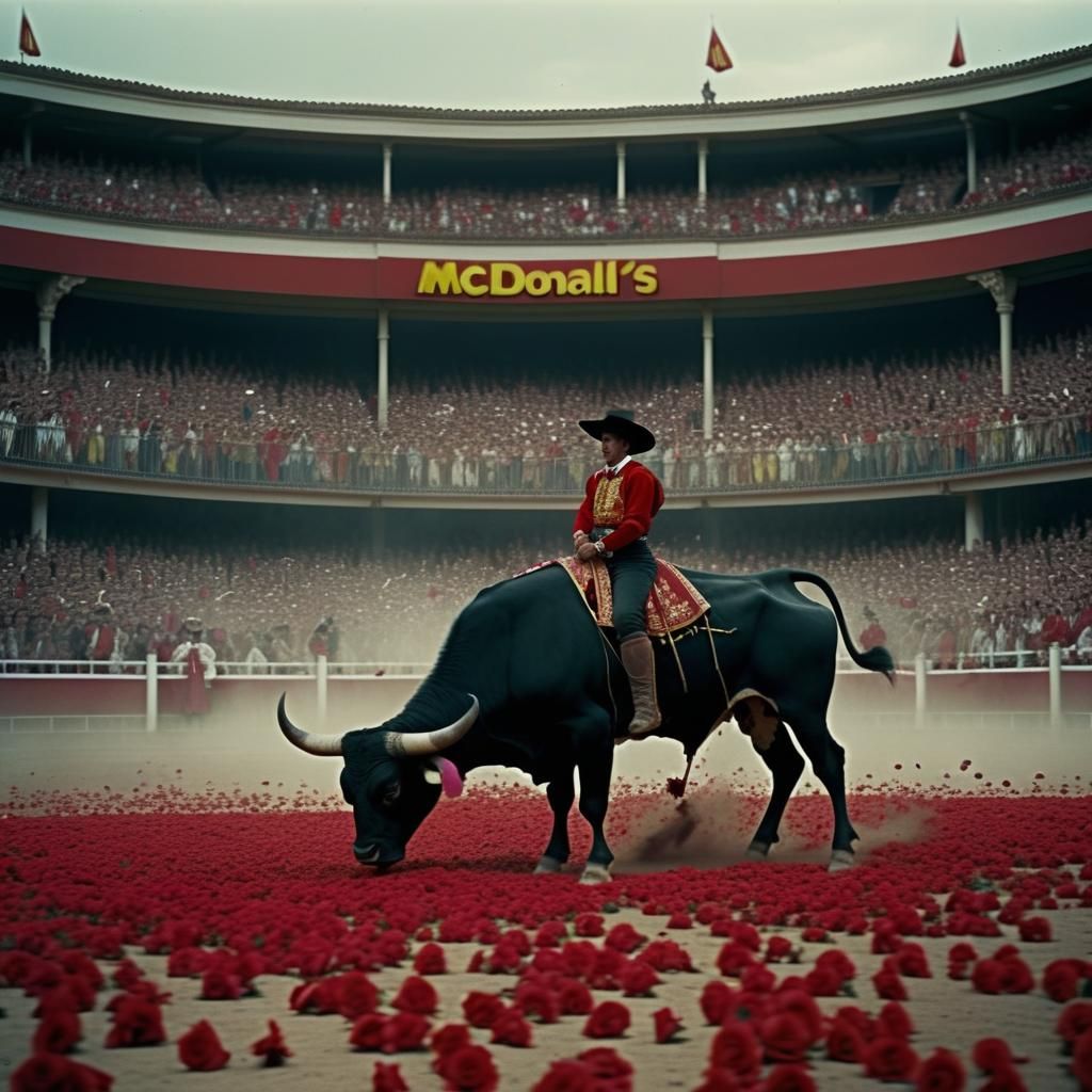 Dramatic Bullfight Scene with McDonald's Ad, Cinematic Style