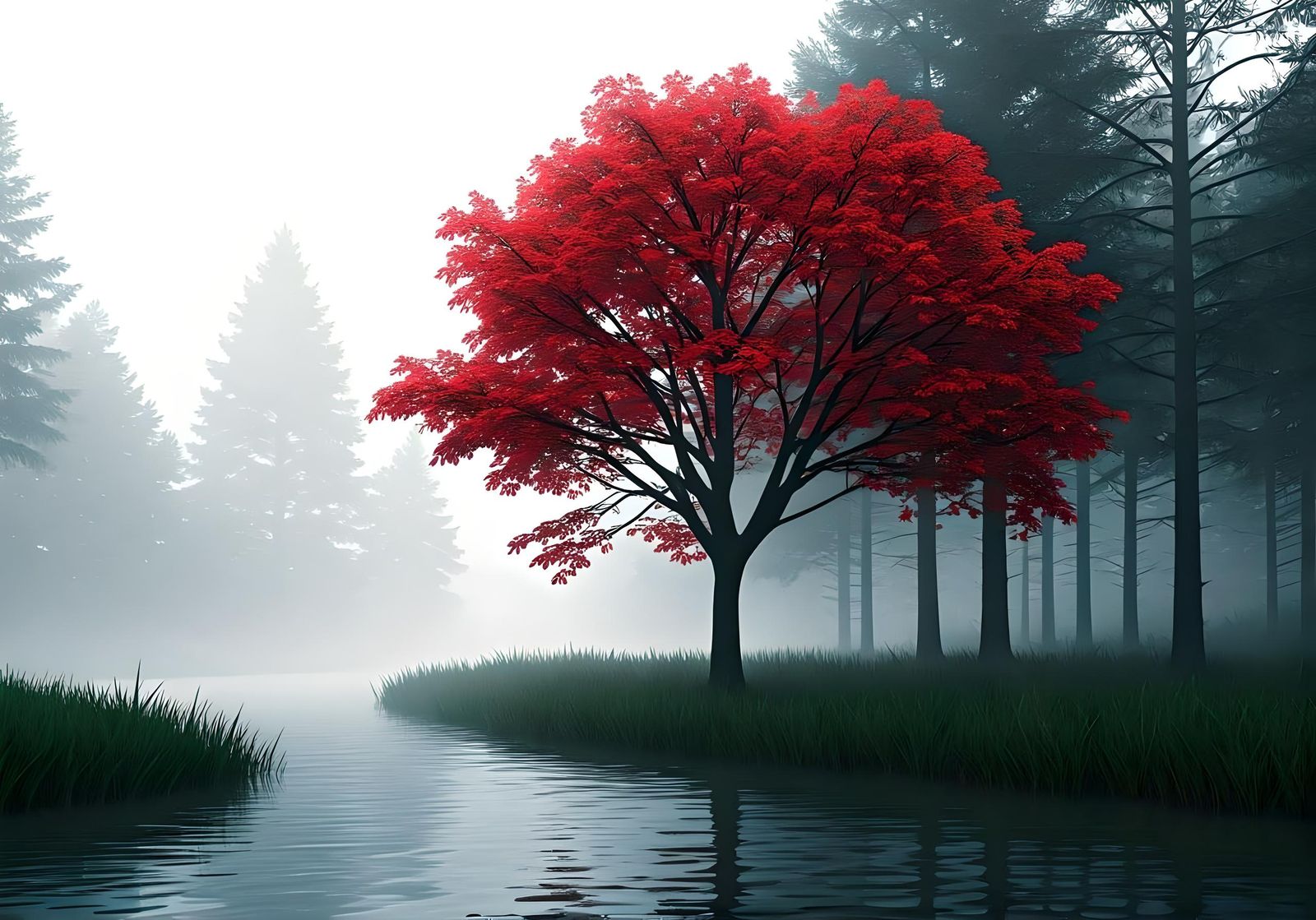 misty foggy scene with a red leafed tree and a stream with o...