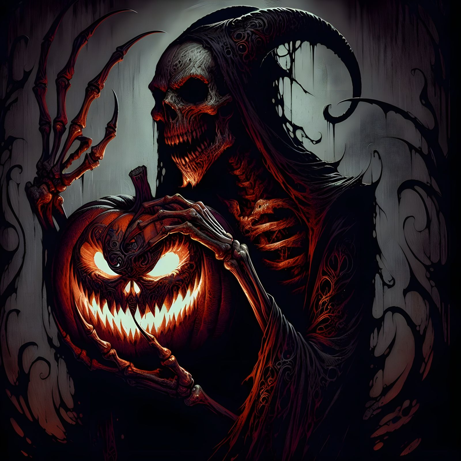 Ominous Skeletal Demon Gripping Glowing Pumpkin