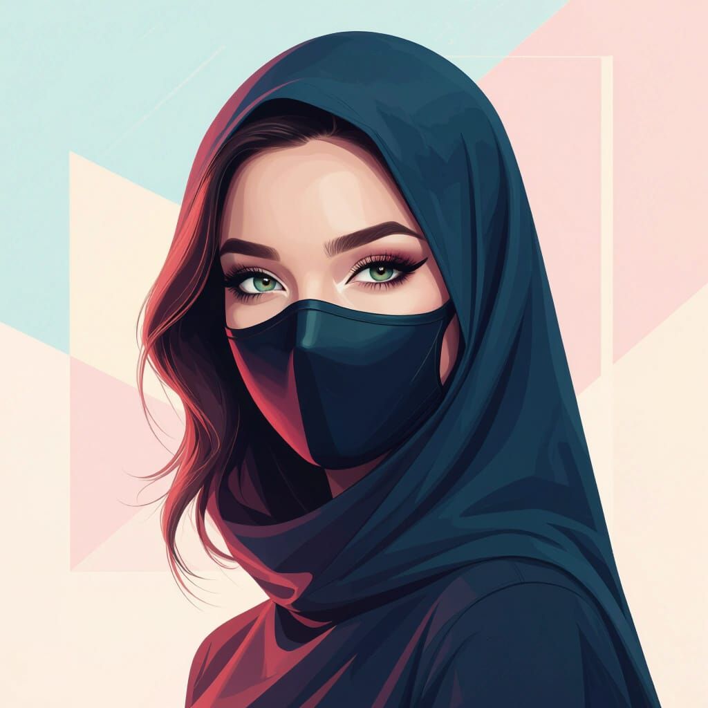 Stylish Masked Woman with Confident Eyes in Pastel Gradient