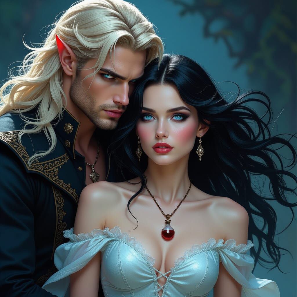 Predatory Male Fae Chasing Woman with Blood Vial Necklace