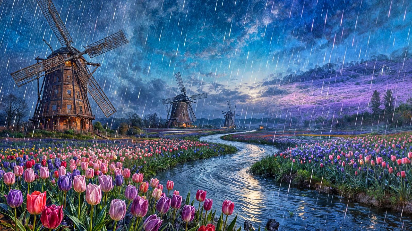 Windmills in Rainy Night Tulip Field, Pre-Raphaelite Style