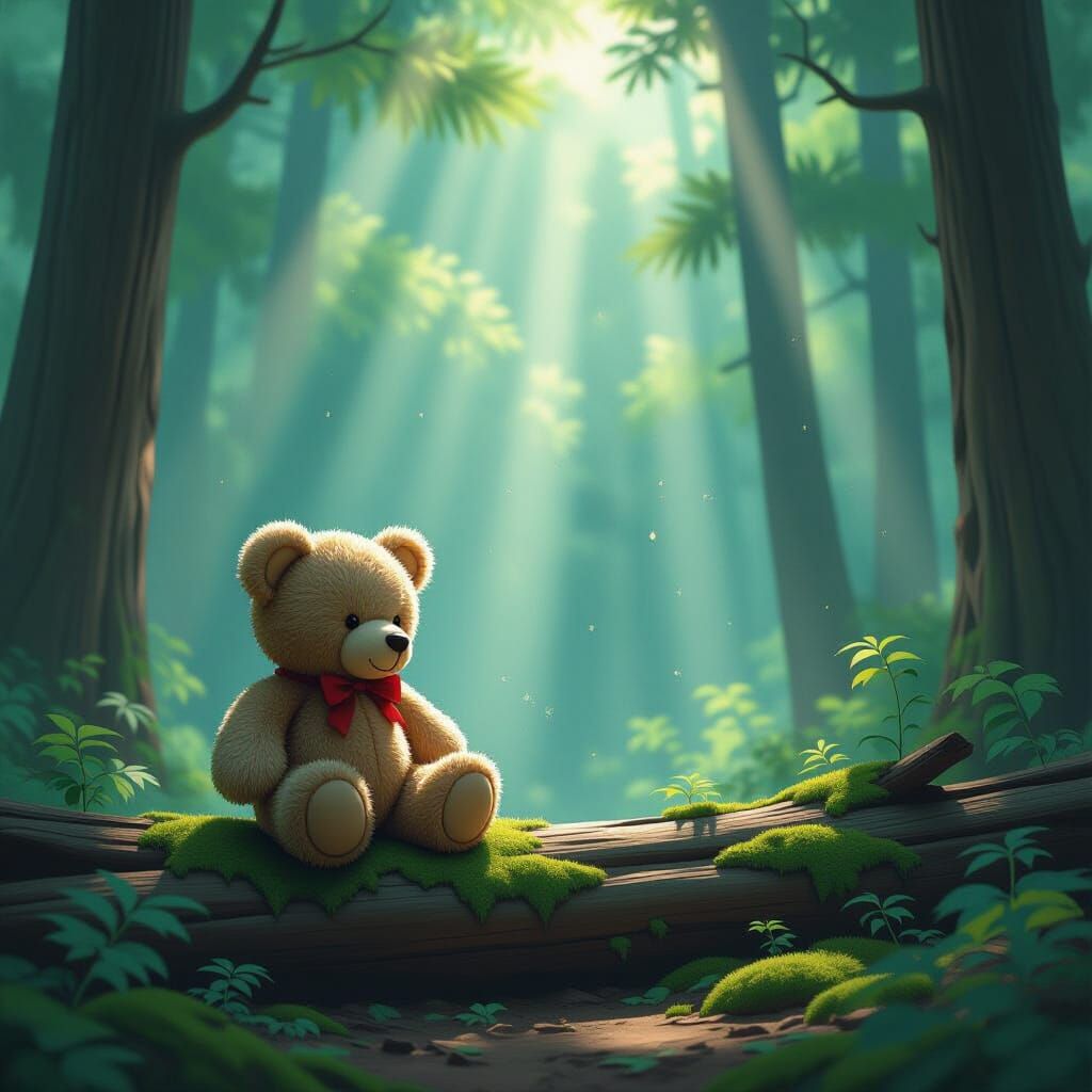 Weathered Teddy Bear in Ancient Forest, Ukiyo-e Style