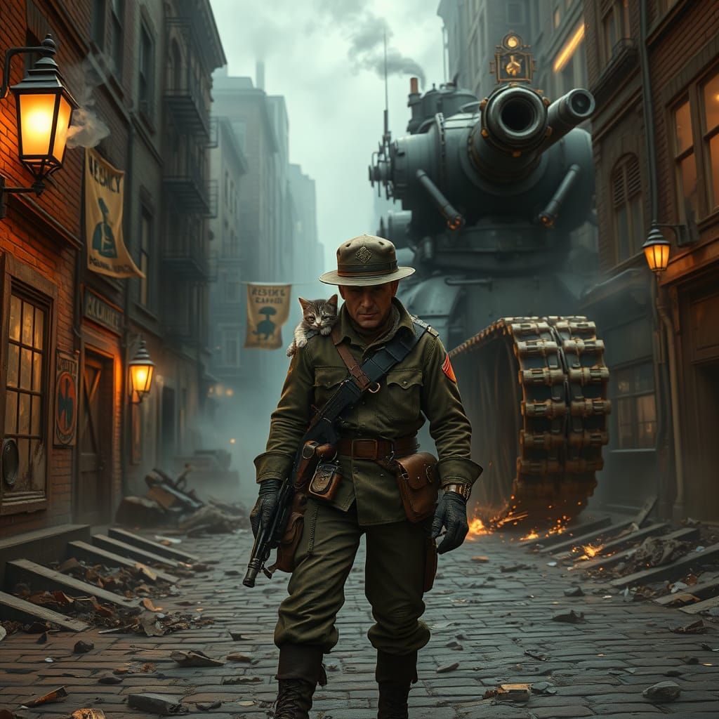 Steampunk Officer Defies Odds Amidst Metropolis Ruins