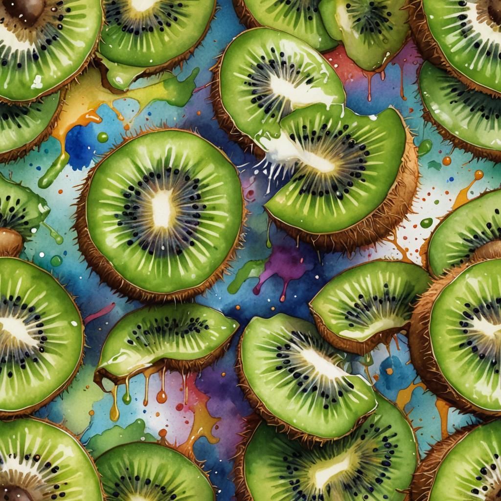 Kiwi Fruit Still Life in Watercolor with Splash Art
