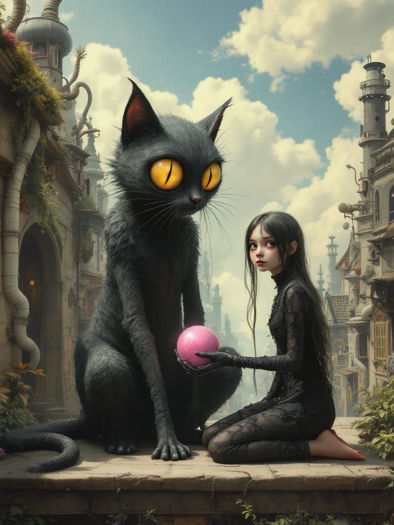 Whimsical Girl and Cat in Steampunk Town