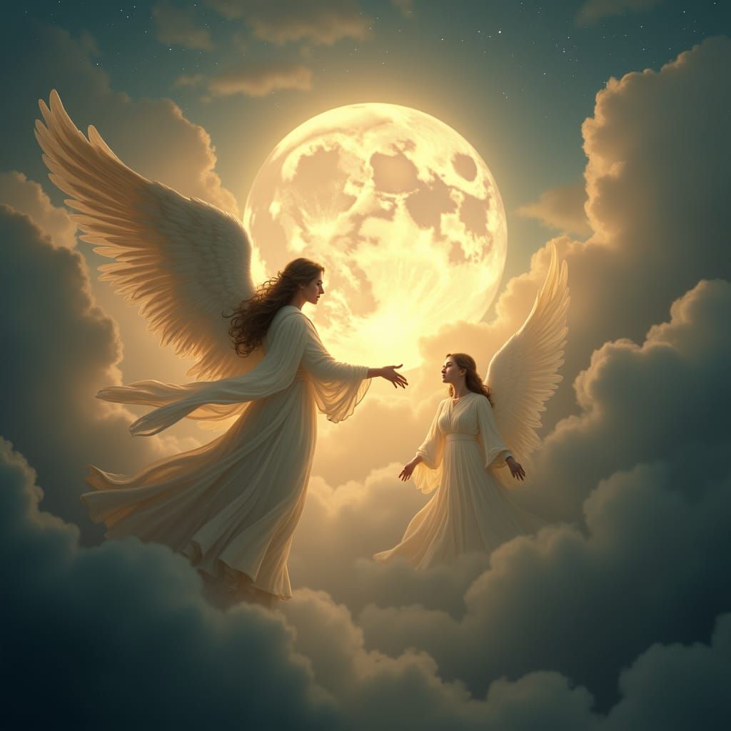 Ethereal Angel Reaching for Light in Moonlit Sky