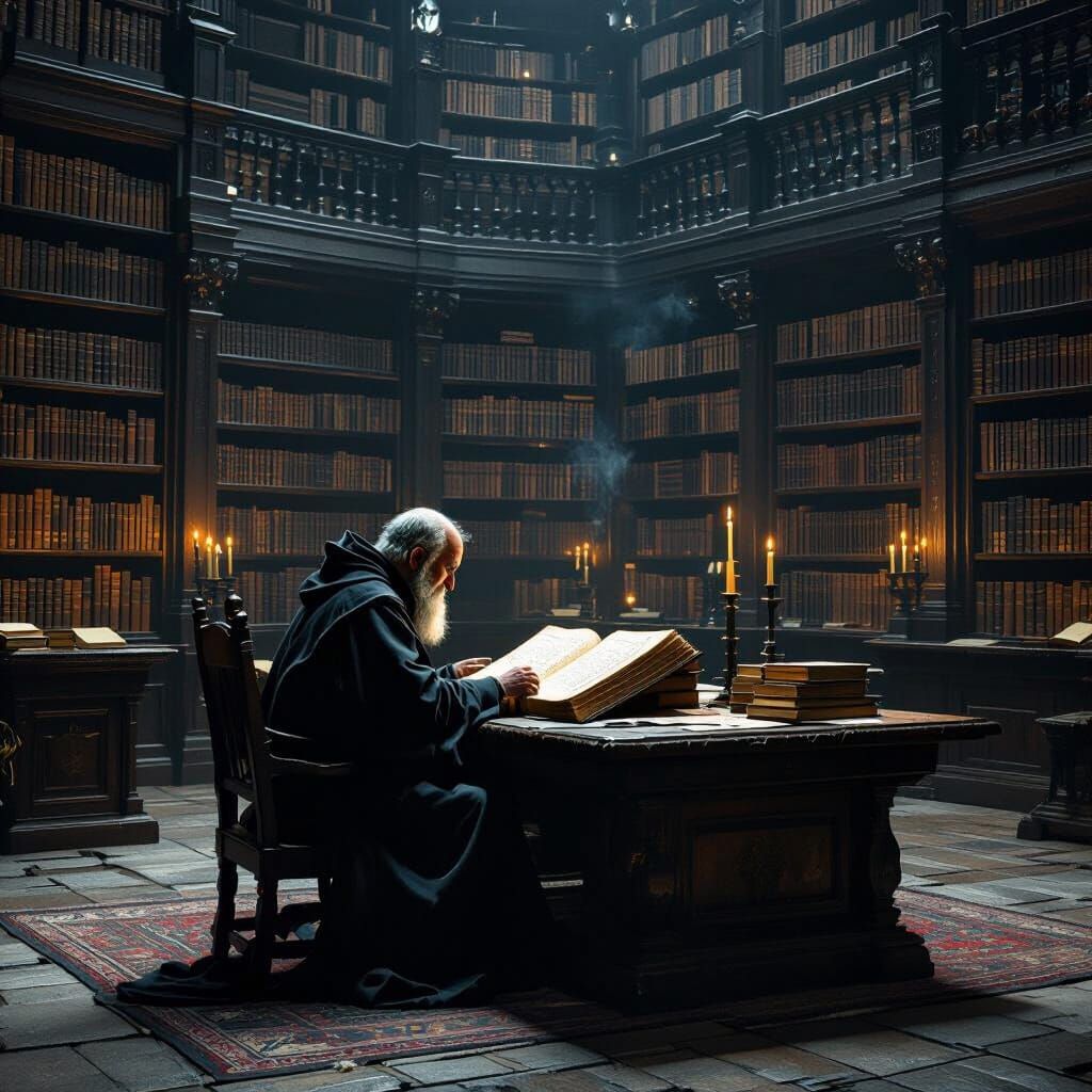 Monk Lost in Thought in Ancient Library Oil Painting