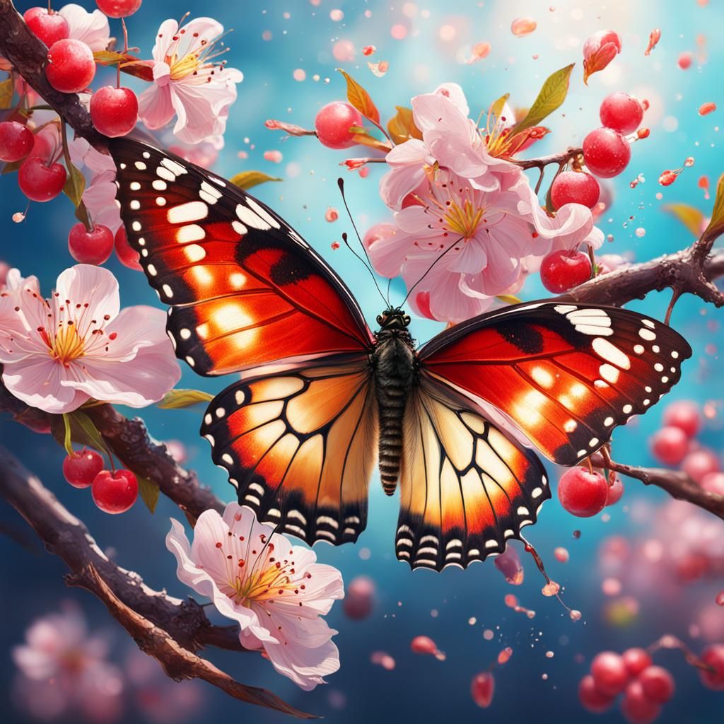 Butterfly and Cherry Blossoms in Hyperrealistic Splash Art