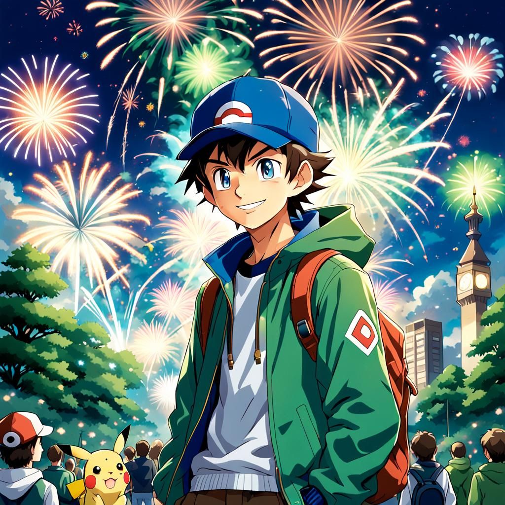 Anime Pokémon Trainer Watches Fireworks Display