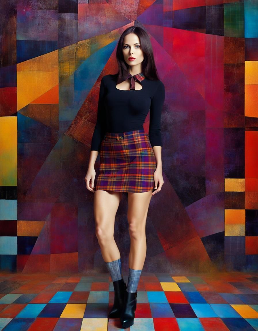 Surreal Woman in Plaid Portrait with Abstract Background